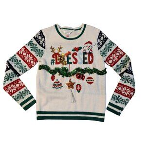 Ugly Christmas Sweater Women’s Medium #Blessed Santa Tinsel Ornaments Holiday